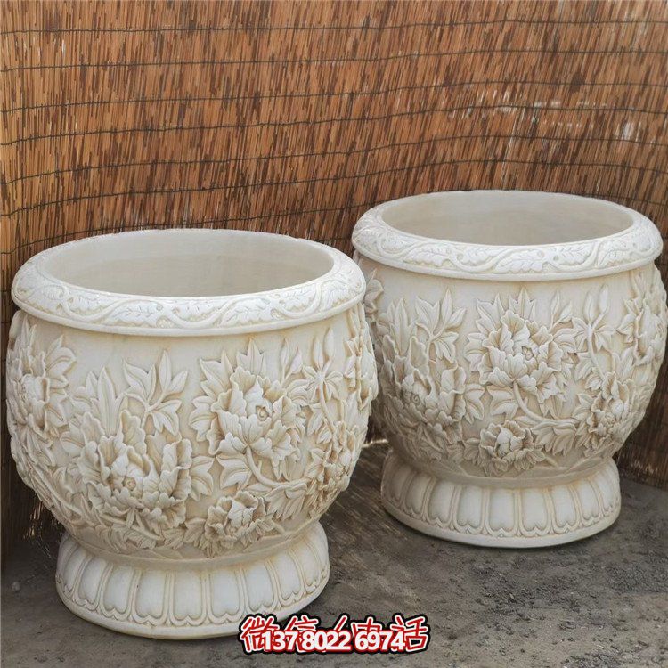 漢白玉浮雕荷花養(yǎng)魚(yú)缸，精美庭院裝飾戶外中式花盆
