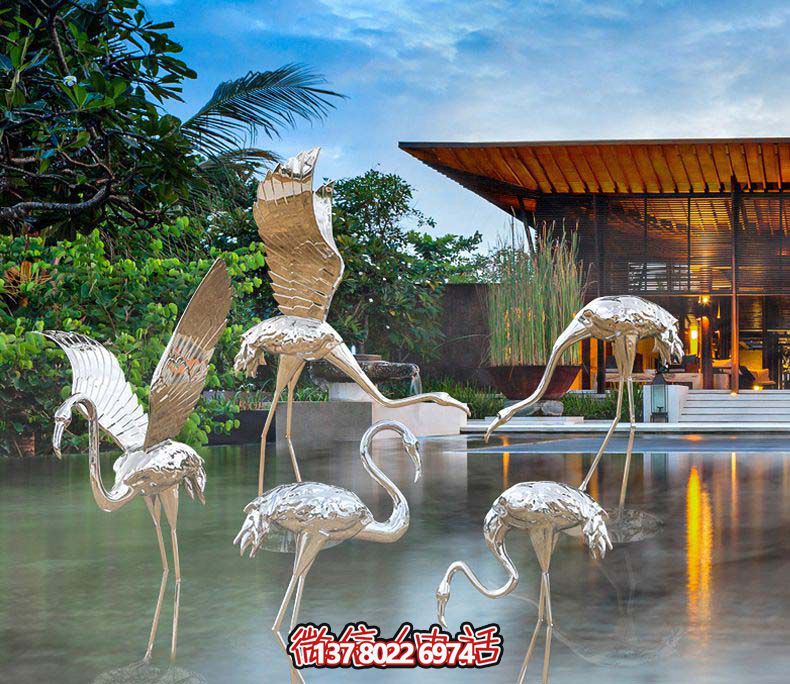 不銹鋼火烈鳥雕塑，游樂園擺放鏡面裝點