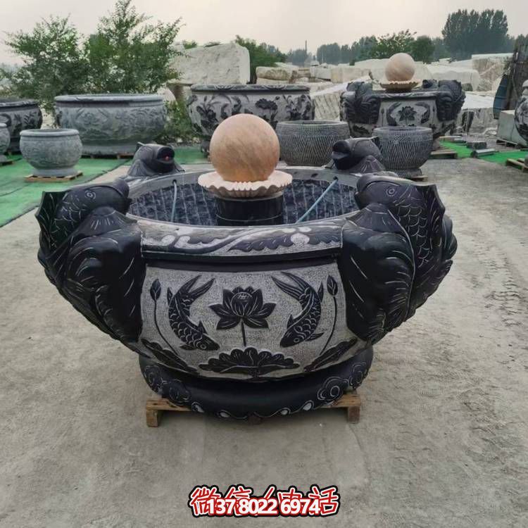 家用圓形造景流水養(yǎng)魚(yú)荷花缸青石雕刻石頭盆