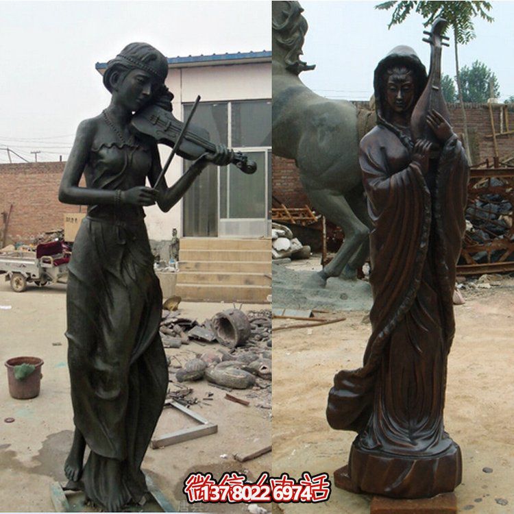校園廣場(chǎng)擺放玻璃鋼仿銅拿樂(lè)器仕女人像雕塑